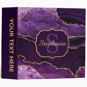 Classeur Monogramme en agate marbrée pailletée violet et or