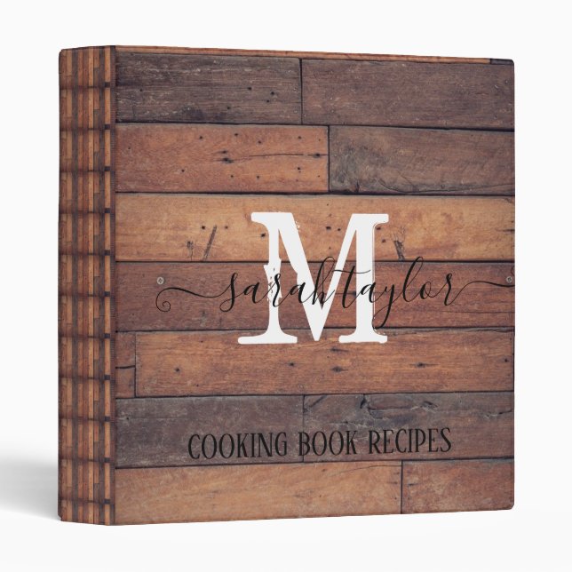Classeur Monogramme en bois rustique Nom Cuisine Recettes (Devant/Côté)