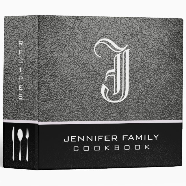 Classeur Monogramme en cuir gris de recettes de famille (Devant/Côté)