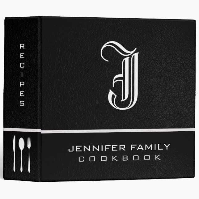 Classeur Monogramme en cuir noir de recettes de famille (Devant/Côté)