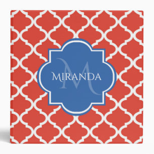 Classeur Monogramme et nom bleu Quatrefoil rouge tendance