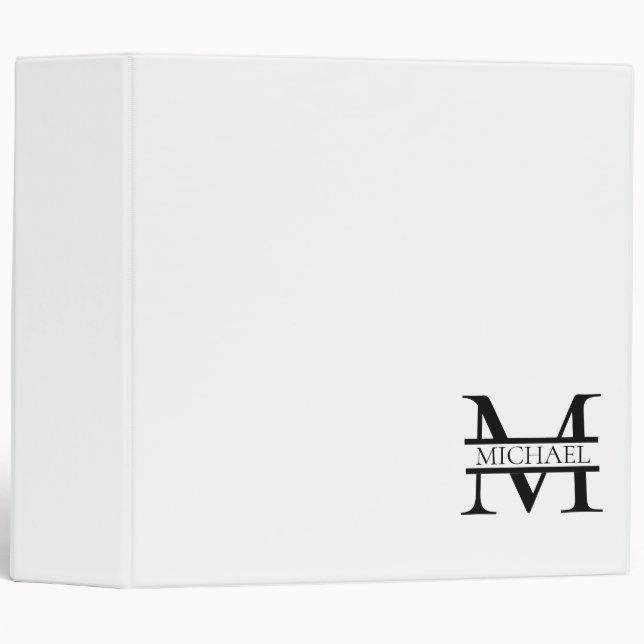Classeur Monogramme et nom Elégant Personnalisé Blanc (Devant/Côté)