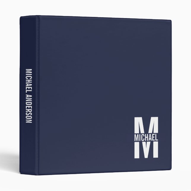 Classeur Monogramme et nom personnalisés bleu marine (Devant/Côté)