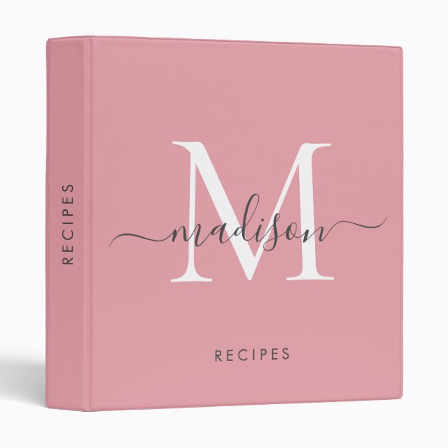 Classeur Monogramme fille Dusty rose Grey Nom du script Rec (Devant/Côté)