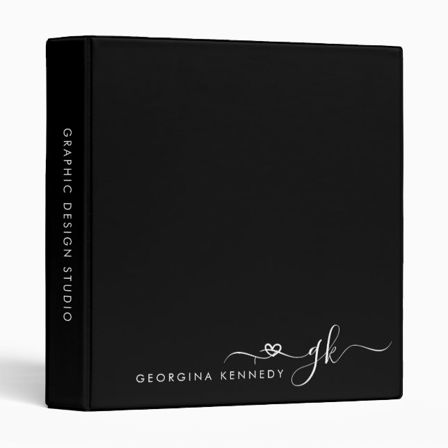 Classeur Monogramme Fille Noir Blanc Chic Coeur Script (Devant/Côté)