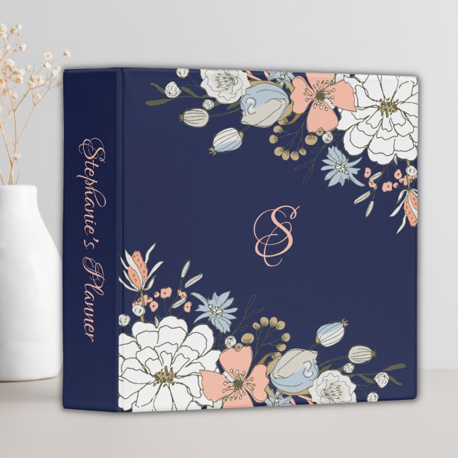 Classeur Monogramme floral bleu rose bleu marine Personnali (Créateur téléchargé)