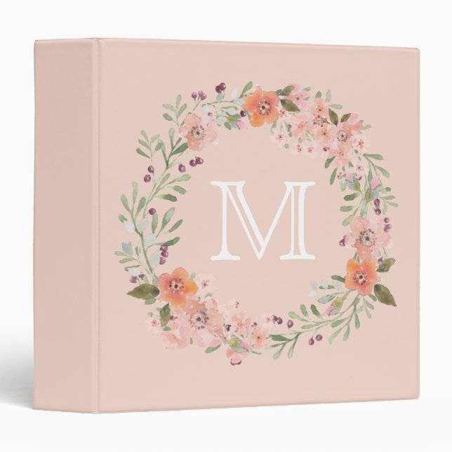 Classeur Monogramme floral de Pêche romantique (Devant/Côté)