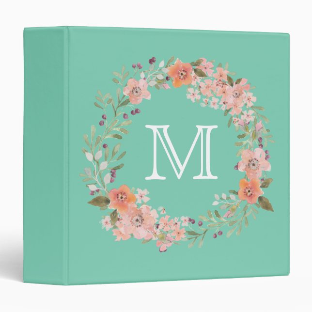 Classeur Monogramme floral de Pêche romantique (Devant/Côté)