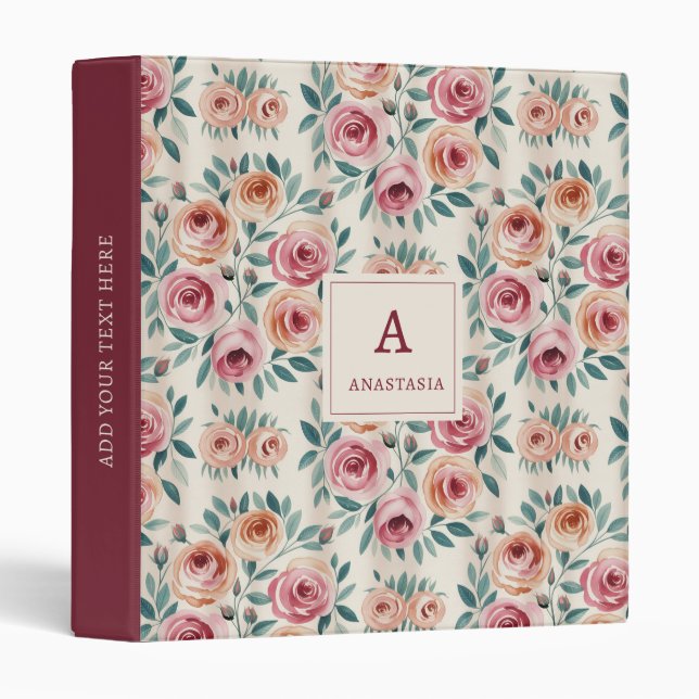 Classeur Monogramme Floral Élégant Aquarelle (Devant/Côté)