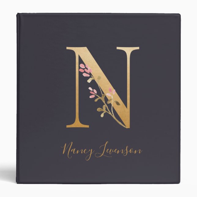 Classeur Monogramme floral élégant bleu or personnalisé N (Devant)