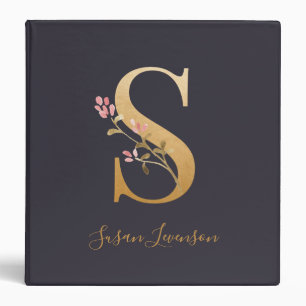 Classeur Monogramme floral élégant bleu or personnalisé S