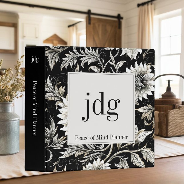 Classeur Monogramme floral noir et crème Fin de vie (Créateur téléchargé)