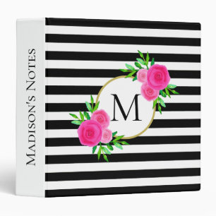 Classeur Monogramme floral rose Aquarelle Bande blanche noi