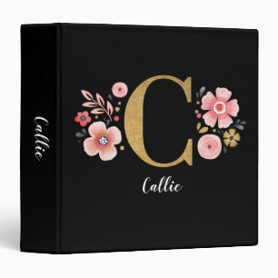 Classeur Monogramme floral rose élégant écriture noire