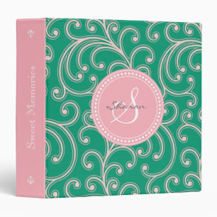 Classeur Monogramme floral vert rose girly élégant de motif