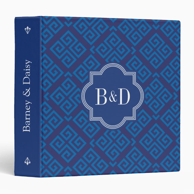 Classeur Monogramme géométrique principal grec bleu chic de (Devant/Côté)