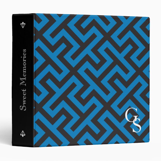 Classeur Monogramme géométrique principal grec bleu moderne (Devant/Côté)