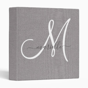 Classeur Monogramme Gris Blanc Script Faux Lin