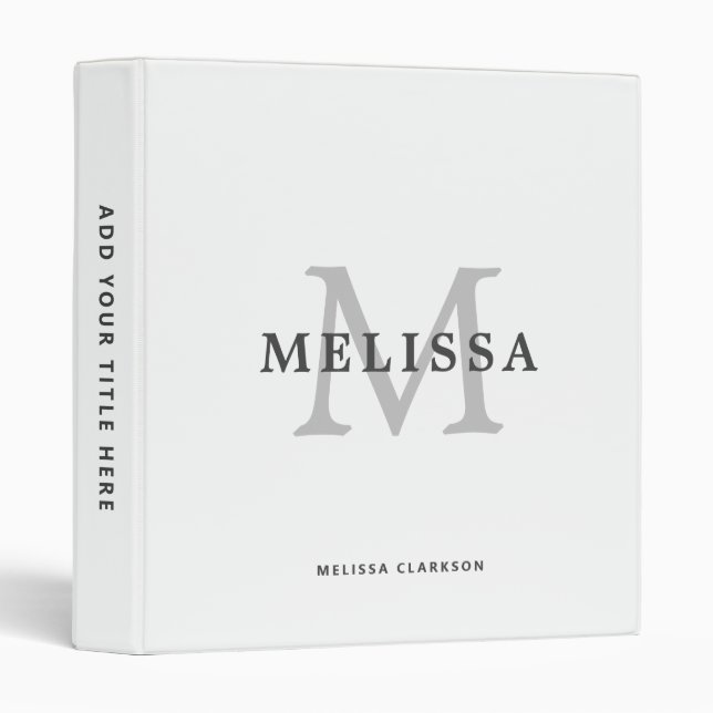 Classeur Monogramme gris clair simple moderne Nom (Devant/Côté)