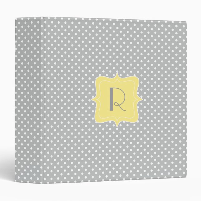 Classeur Monogramme gris et jaune de point de polka (Devant/Côté)