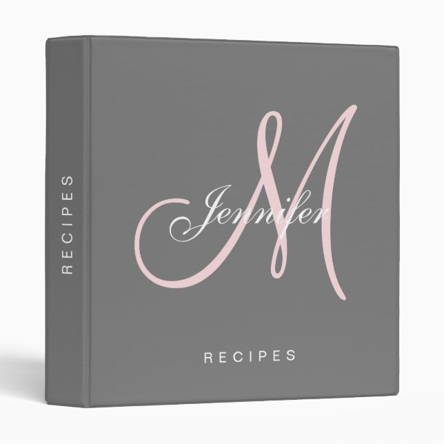 Classeur Monogramme Gris rose Script Nom élégant Recette (Devant/Côté)