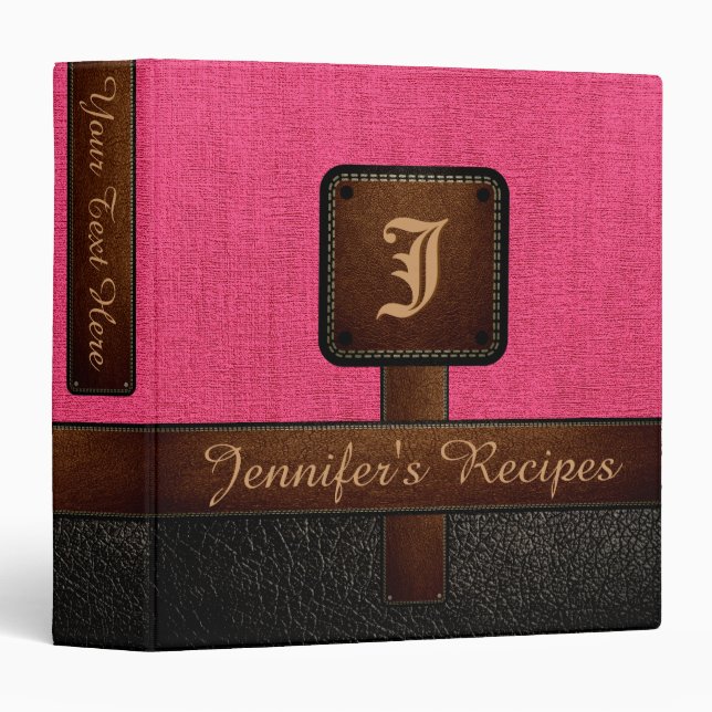 Classeur Monogramme Hot rose Burlap Russe cuir look (Devant/Côté)