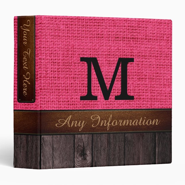 Classeur Monogramme Hot rose Burlap Rustique Jute Look Bois (Devant/Côté)
