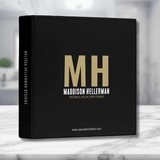 Classeur Monogramme initial d'or noir moderne (Simple Stylish Modern Black Gold Initial Monogram 3 ring binder)
