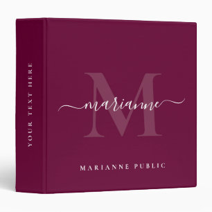 Classeur Monogramme Initial Élégant Texte Rouge Bourgogne &