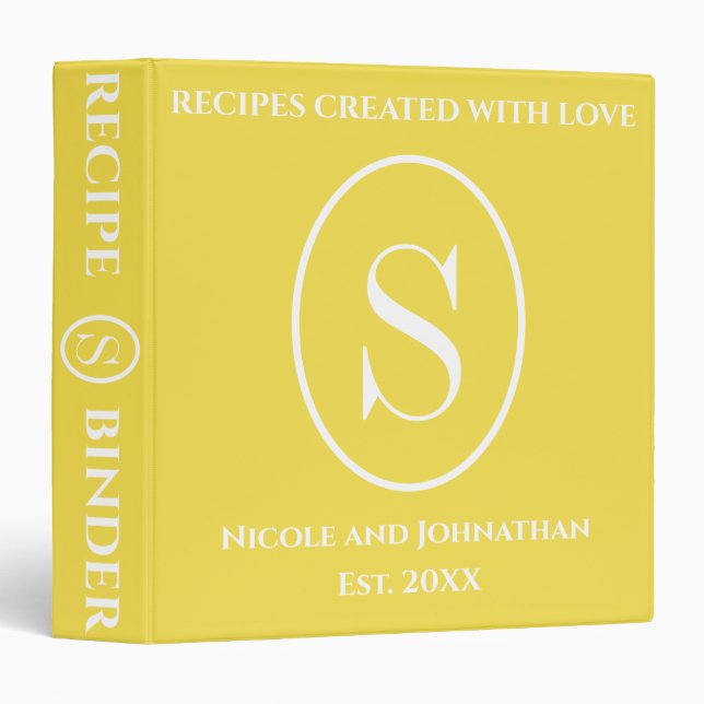 Classeur Monogramme jaune blanc Nom initial Recette (Devant/Côté)