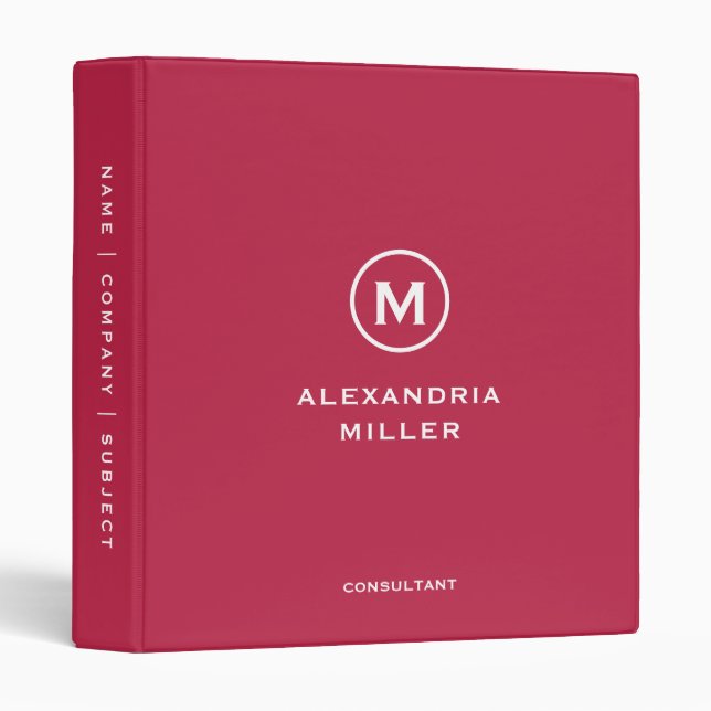 Classeur Monogramme magenta minimaliste (Devant/Côté)