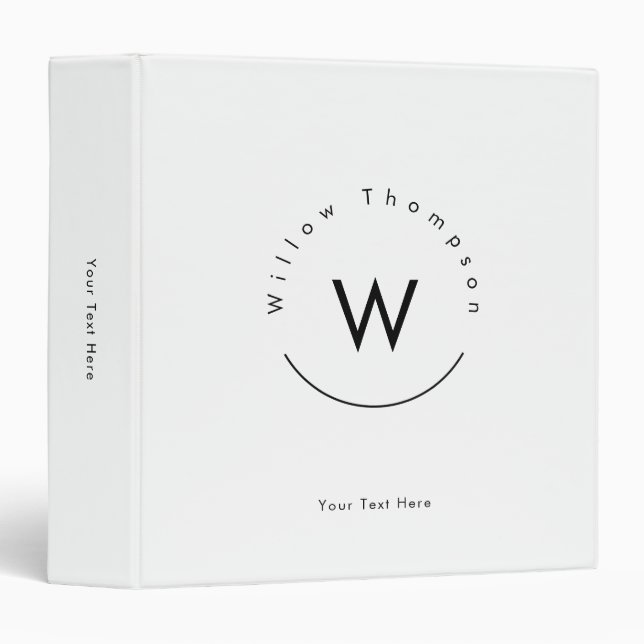 Classeur Monogramme minimaliste blanc moderne (Devant/Côté)