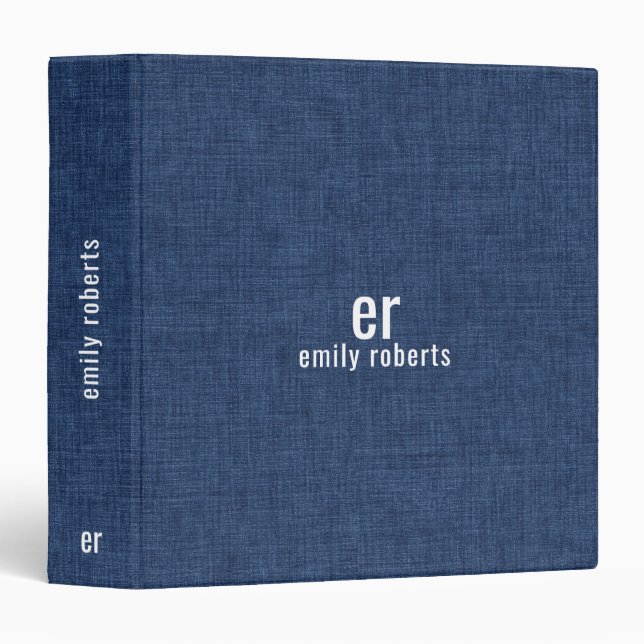 Classeur Monogramme Minimaliste Lin Bleu Texture (Devant/Côté)