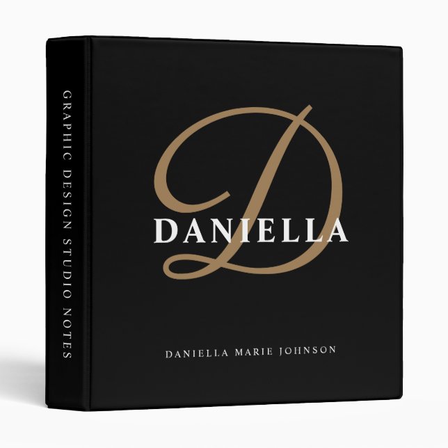 Classeur Monogramme moderne Black Gold Script Bureau d'affa (Devant/Côté)