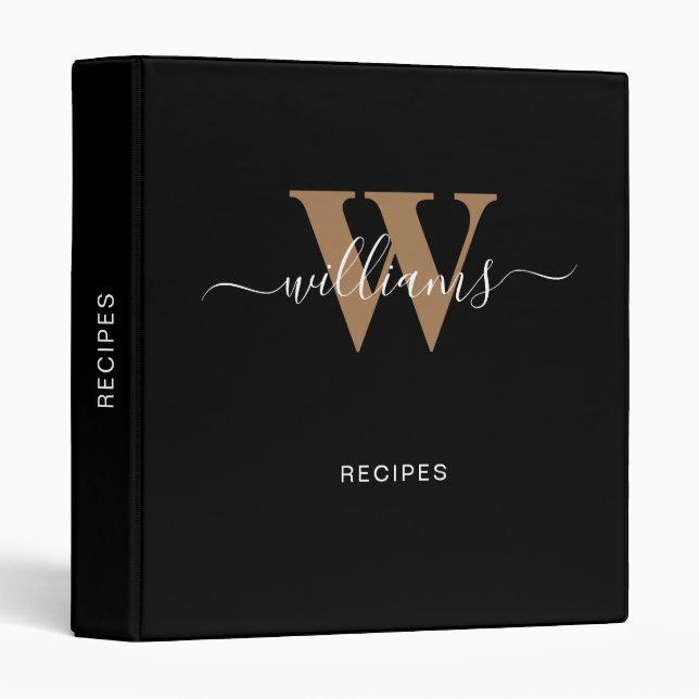 Classeur Monogramme moderne Black Gold Script Nom Recette (Devant/Côté)