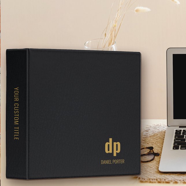 Classeur Monogramme moderne cuir noir professionnel look (Leather look monogramed binder in black and gold)