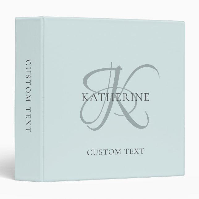 Classeur Monogramme moderne élégant Script Aqua Blue (Devant/Côté)