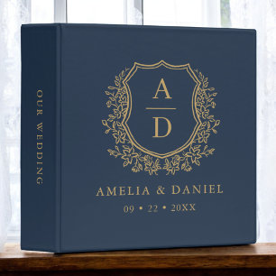 Classeur Monogramme moderne Mariage Marine Bleu Gold Crest
