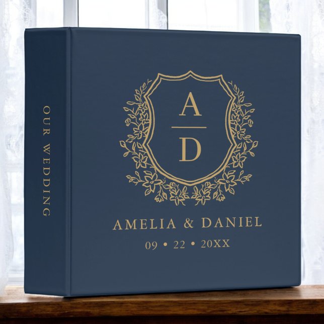 Classeur Monogramme moderne Mariage Marine Bleu Gold Crest (Créateur téléchargé)