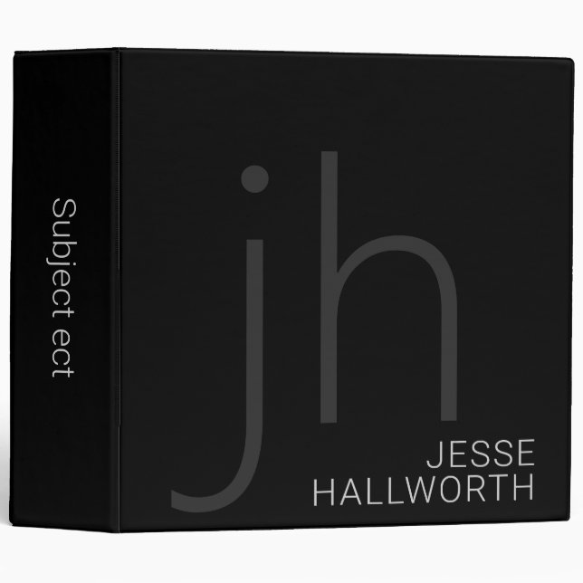 Classeur Monogramme moderne noir et gris (Devant/Côté)