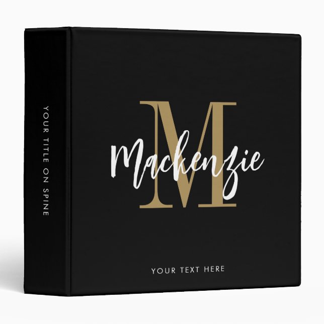 Classeur Monogramme moderne Nom du script Black Gold (Devant/Côté)