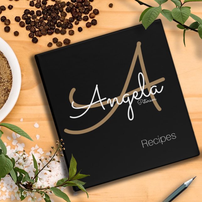 Classeur Monogramme moderne pour recettes de chef, noir (Créateur téléchargé)