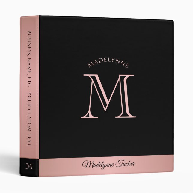Classeur Monogramme moderne Rose Gold Black Office School (Devant/Côté)