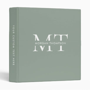 Classeur Monogramme moderne Sage vert avec nom 3 Anneau Cla