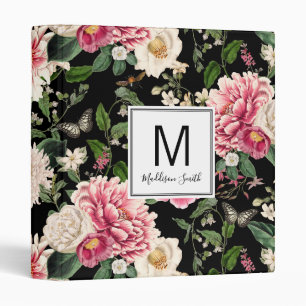 Classeur Monogramme Moderne Vintage Floral noir et rose