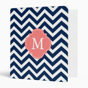 Classeur Monogramme Motif bleu marine et zigzags corail