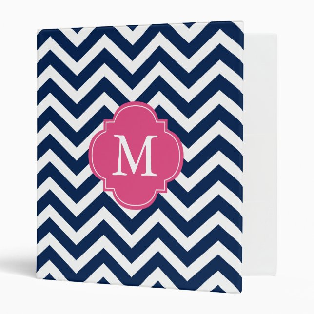 Classeur Monogramme Motif Navy Blue & Fuschia Zigzags (Devant/intérieur)