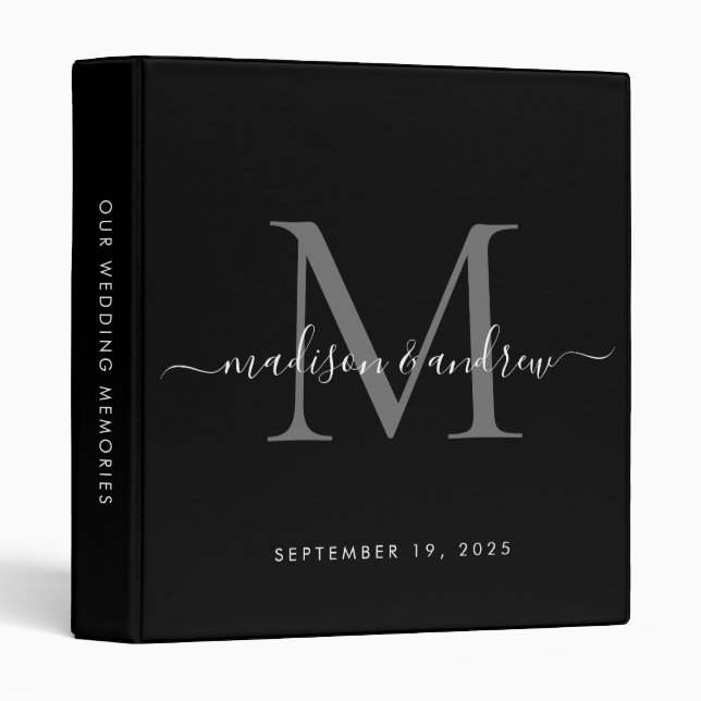Classeur Monogramme noir argent gris script mariage Album (Devant/Côté)