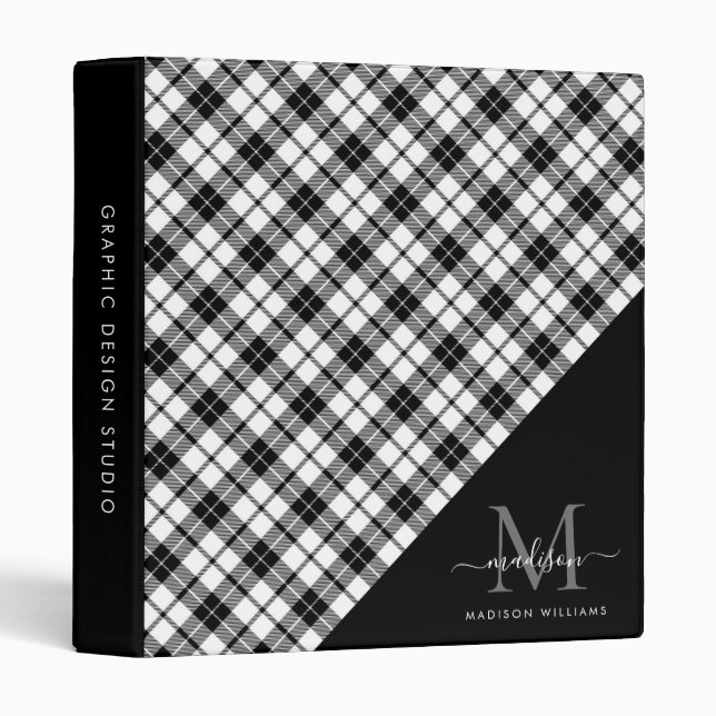 Classeur Monogramme Noir Blanc Plaid Feminine Script Office (Devant/Côté)