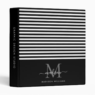 Classeur Monogramme noir blanc rayures Script gris bureau